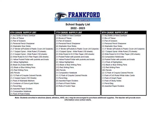 school supply list for 2022-2023 school year